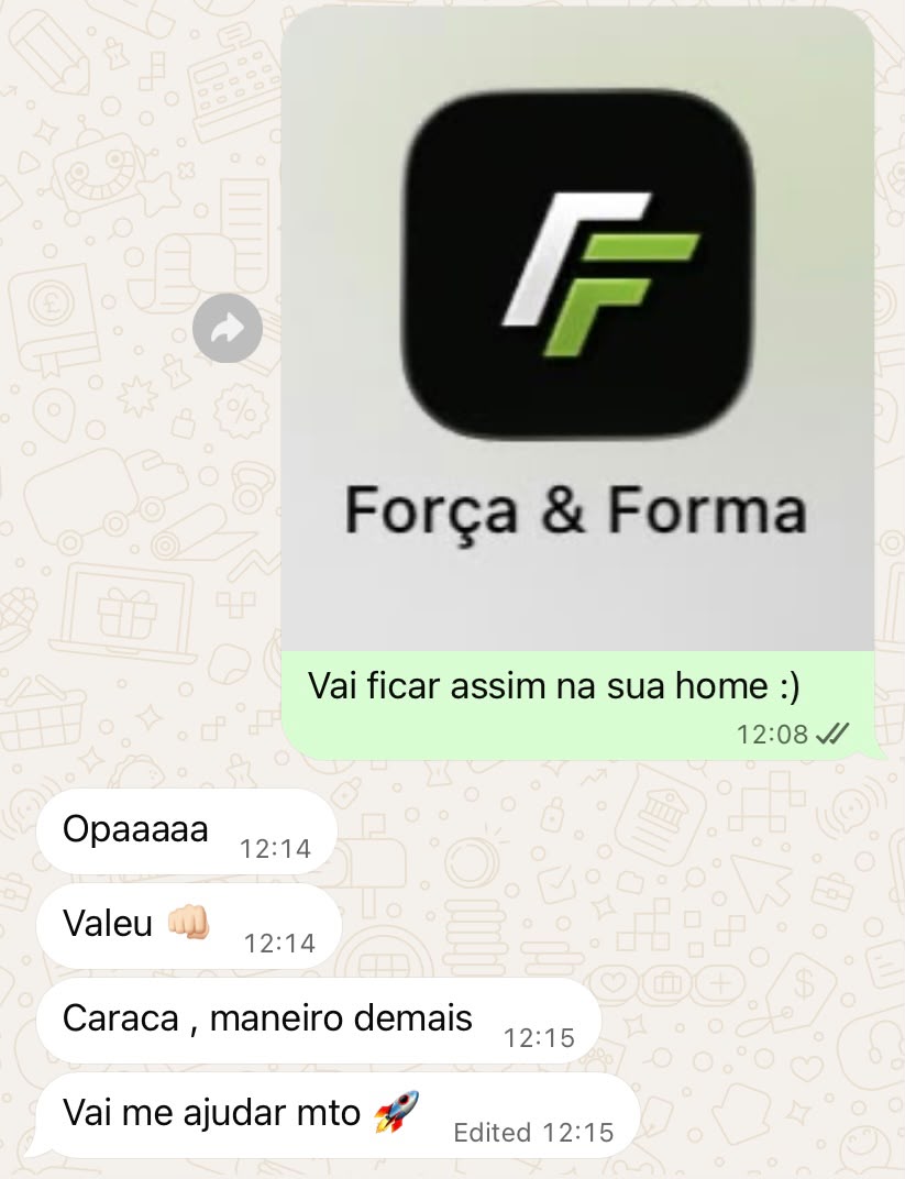 Aluno comenta sobre o FORÇA & FORMA: Caraca, maneiro demais. Vai me ajudar mto.
